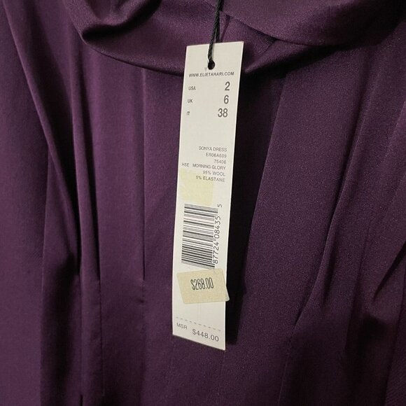Elie Tahari Sonya Dress Sz 2 Eggplant Purple Wool Silk Fitted Cowl Neck $448 NWT - Picture 13 of 16